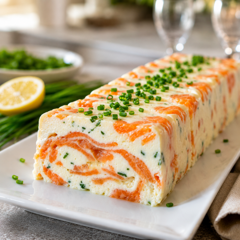 Terrine de Surimi – Fraîche et Savoureuse pour l’Apéritif servie en tranches avec sauce citronnée et ciboulette fraîche.