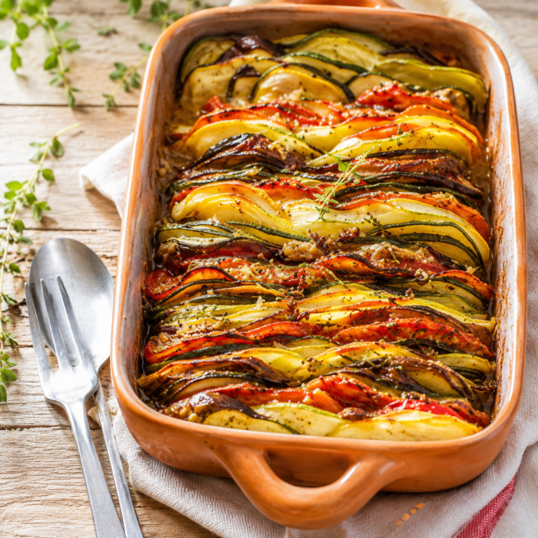 Tian de tomates et courgettes doré au four avec tomates, courgettes et herbes de Provence servi dans un plat en céramique.