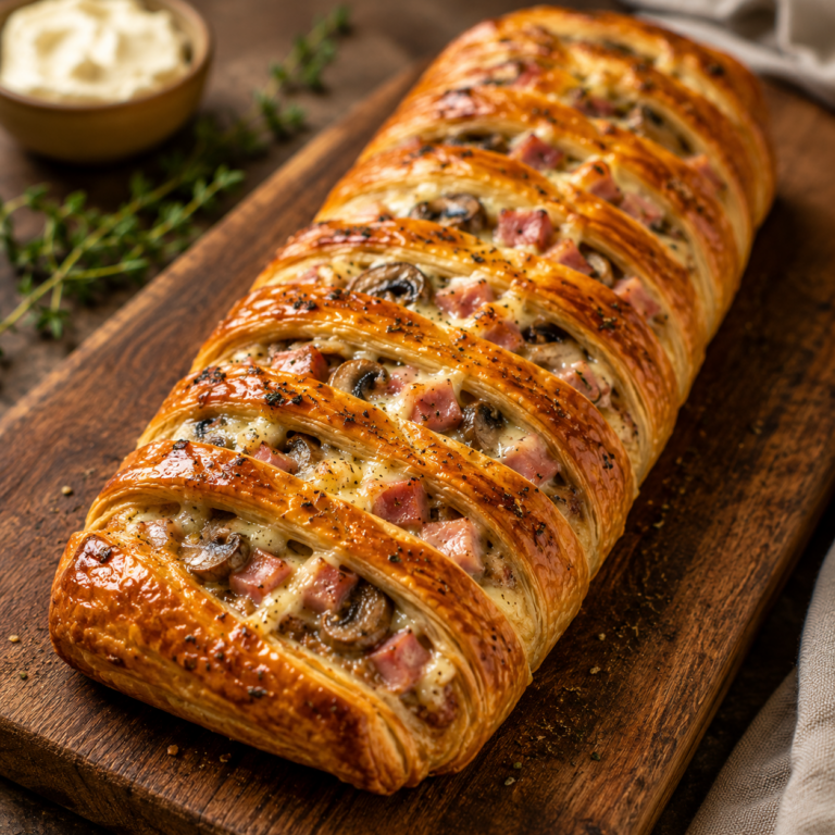 Tresse Feuilletée au Jambon, Champignons et Fromage : Une Recette Dorée et Irrésistible