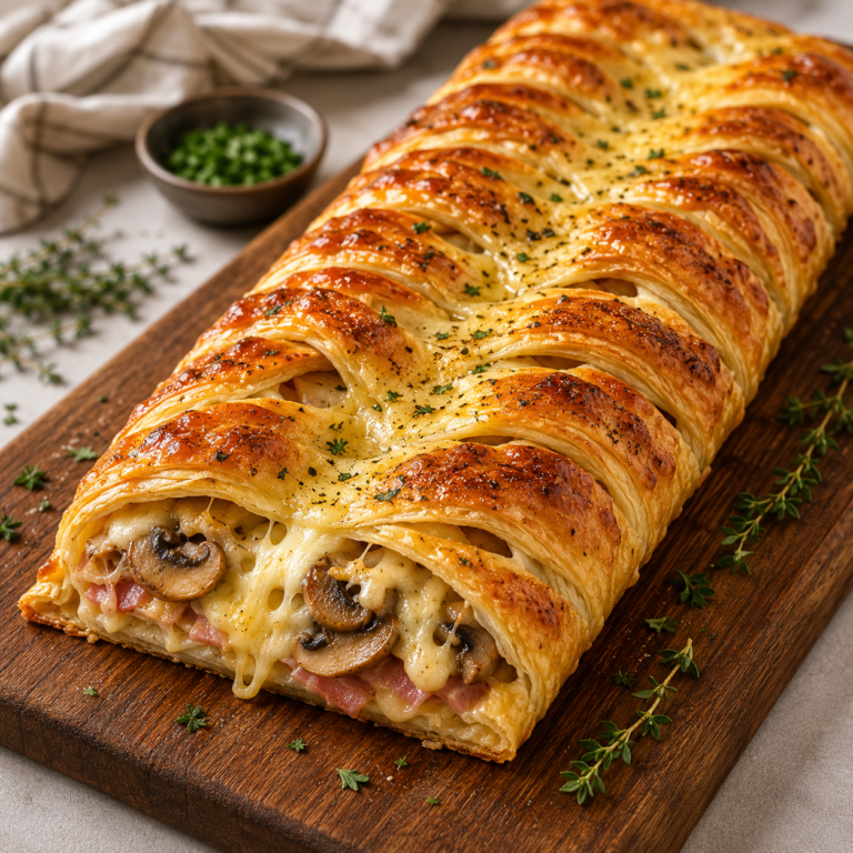 Tresse feuilletée au jambon, champignons et fromage : croustillante, fondante et facile à préparer