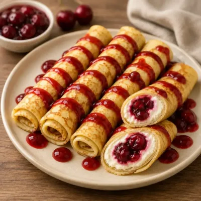 Crêpes Roulées au Fromage Frais et Cerises