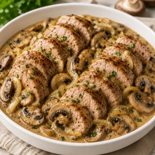 Filet Mignon de Porc à la Crème, Champignons et Oignons
