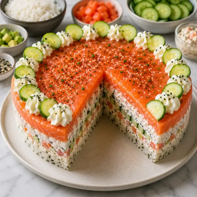 Gâteau de Sushi au Saumon, Avocat et Fromage Frais