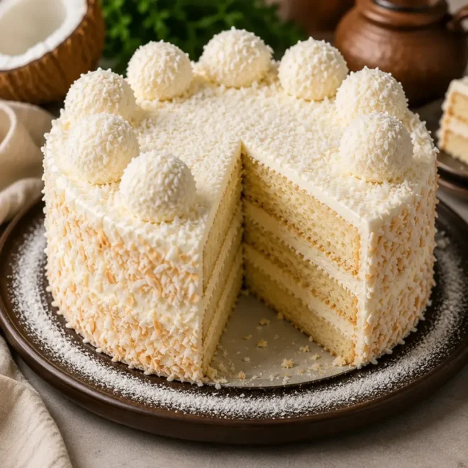 Gâteau Raffaello à la Noix de Coco : Un Dessert Élégant et Irrésistiblement Fondant