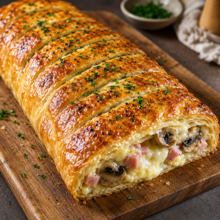 Feuilleté Roulé au Jambon, Champignons et Fromage