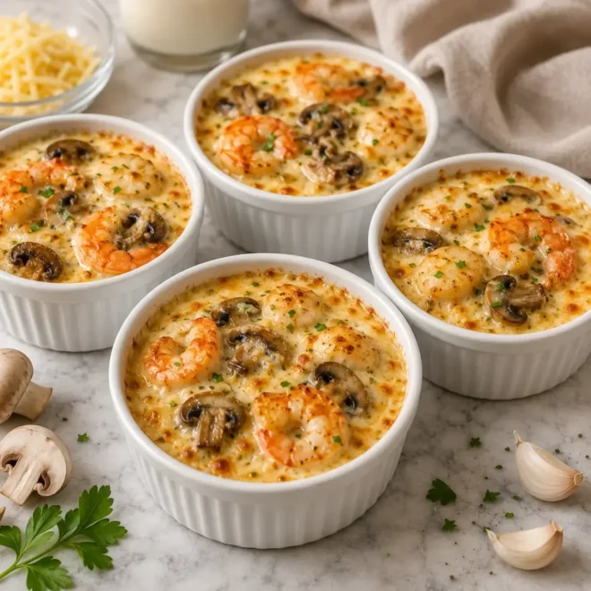 Gratin de Fruits de Mer aux Crevettes, Saint-Jacques et Champignons