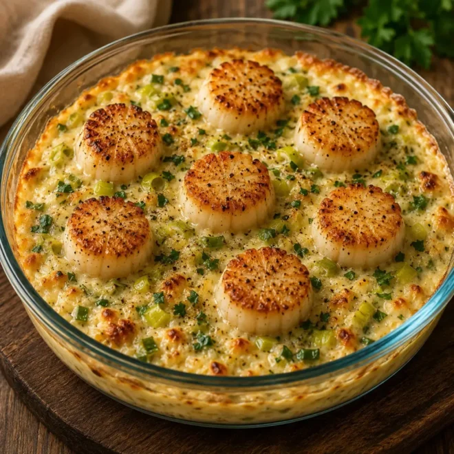 Gratin de Saint-Jacques aux Poireaux Crémeux