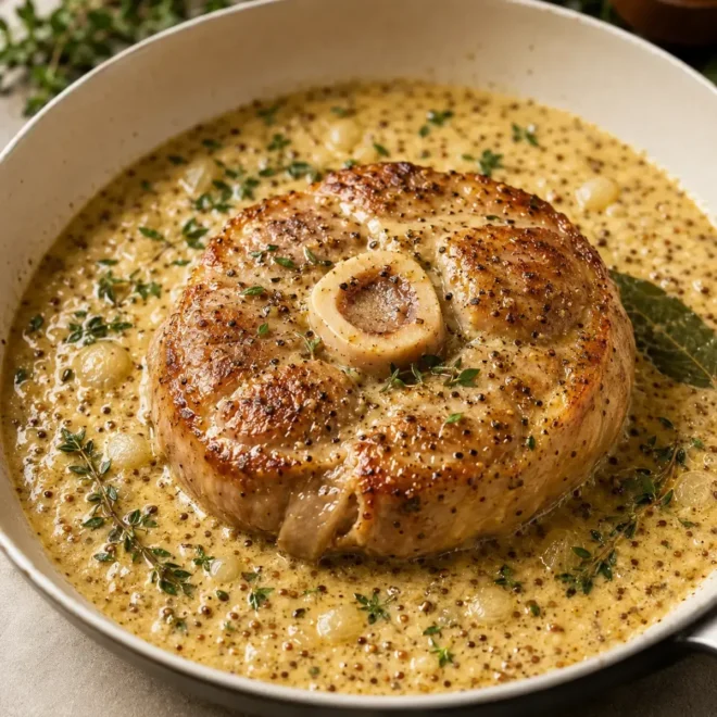 Jarret de porc à la sauce crémeuse à la moutarde à l’ancienne