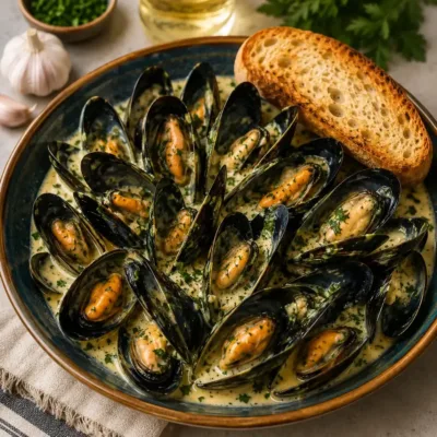 Moules à la Crème, Ail et Vin Blanc