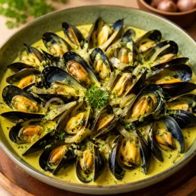 Moules à la Crème de Curry et Échalotes
