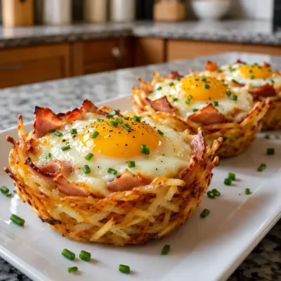Nids de pommes de terre, œufs, jambon et fromage faciles