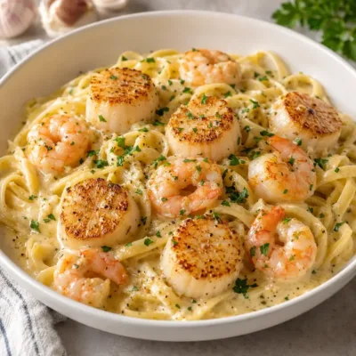 Noix de Saint-Jacques et Crevettes à la Crème Aillée