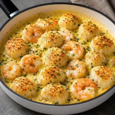 Noix de Saint-Jacques et Crevettes à la Crème Aillée