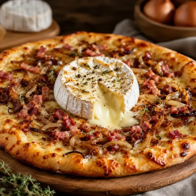 Pizza Camembert Fondante aux Lardons et Oignons Caramélisés