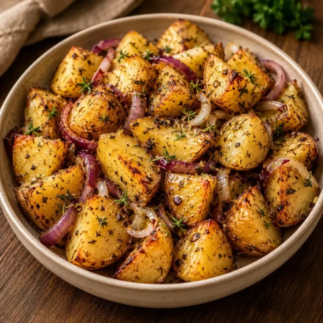 Pommes de Terre Rôties aux Oignons et Herbes Aromatiques