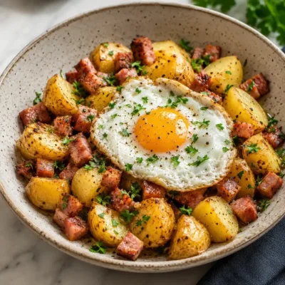 Pommes de Terre Sautées aux Lardons et Œuf au Plat