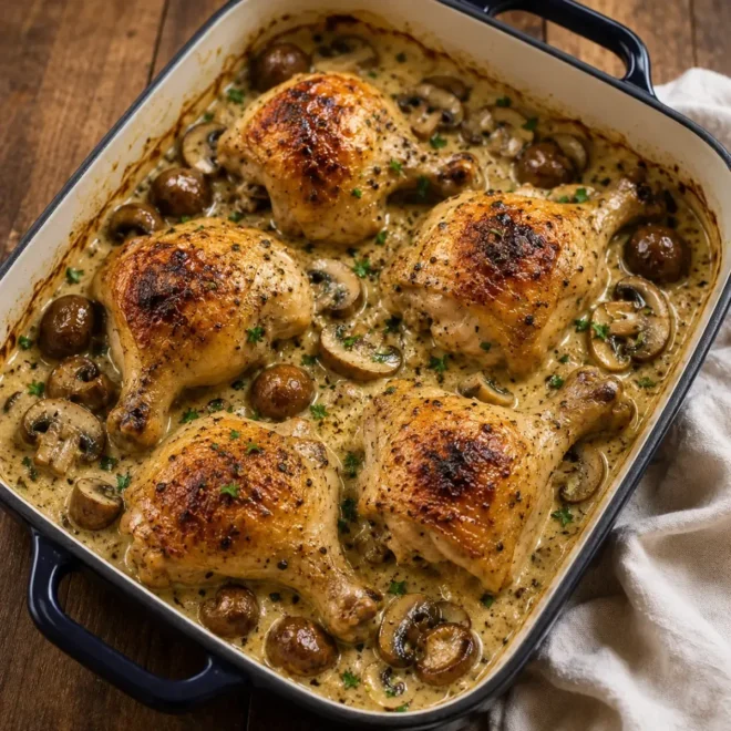 Poulet Crémeux aux Champignons au Four : Un Plat Familial Savoureux et Réconfortant