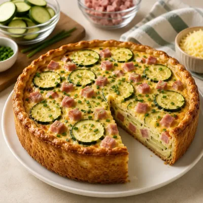 Quiche épaisse aux courgettes, jambon et fromage
