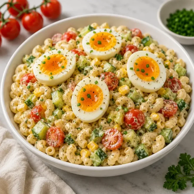 Salade de Macaroni Crémeuse aux Œufs, Légumes Croquants et Sauce aux Herbes