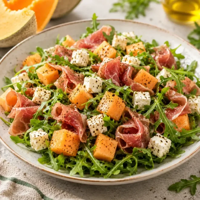 Salade de Melon, Jambon Cru, Feta et Roquette