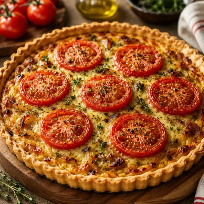 Tarte aux Oignons Caramélisés, Tomates et Fromage