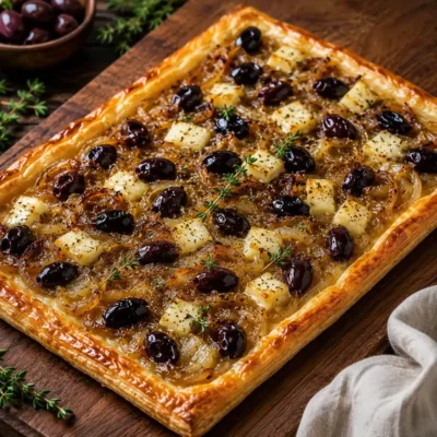 Tarte feuilletée aux oignons caramélisés et olives