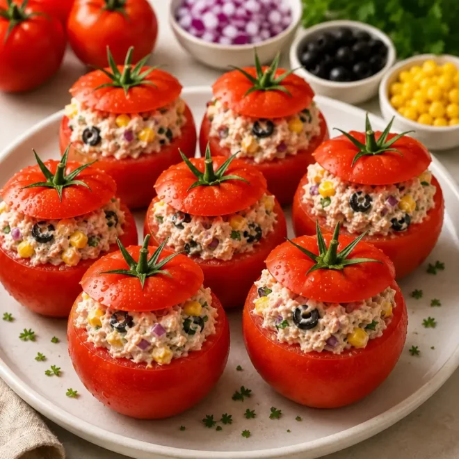Tomates Farcies au Thon, Maïs et Olives : Une Entrée Fraîche et Colorée