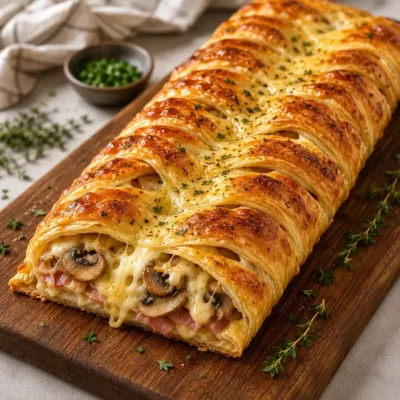 Tresse feuilletée au jambon et champignons