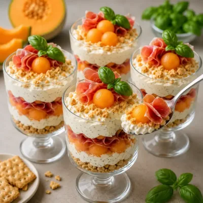 Verrines Melon, Jambon Cru et Crème au Fromage