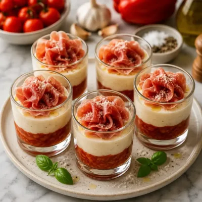 Verrines Tomates, Crème au Parmesan et Jambon Cru