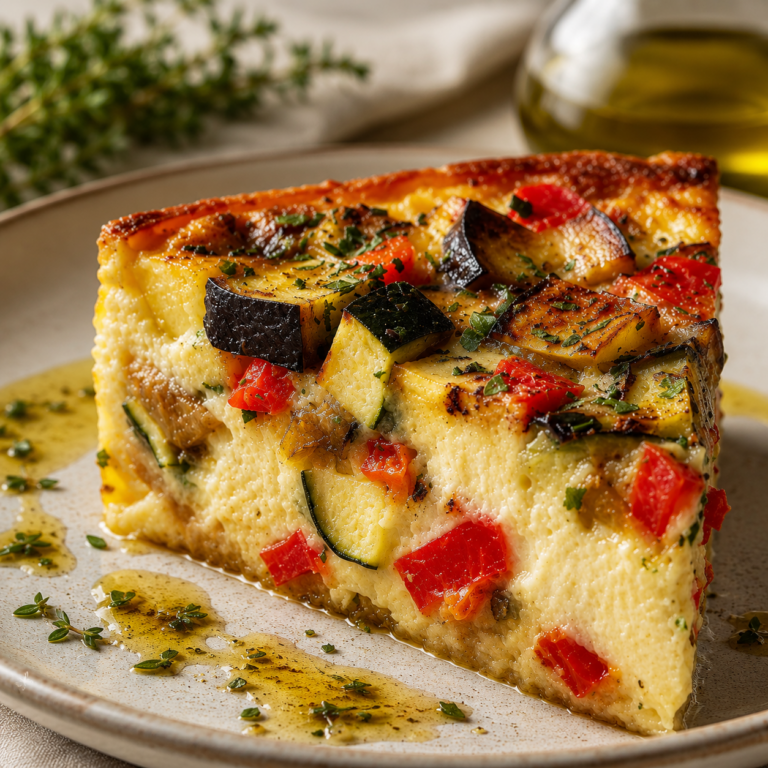 Flan Provençal aux Légumes du Soleil doré au four, garni de courgettes, tomates, aubergines et poivrons, servi en parts sur une assiette rustique.