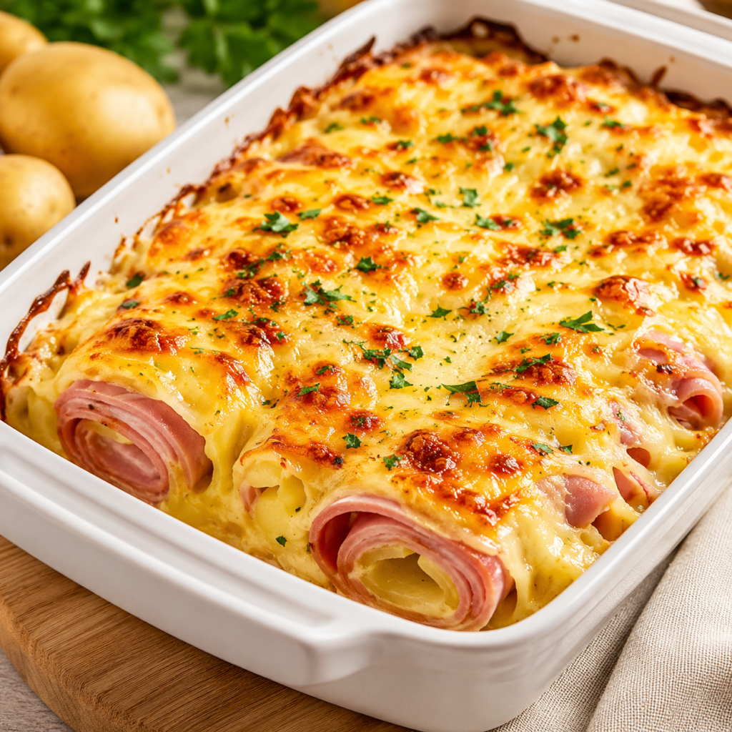 Gratin de roulés au jambon et pommes de terre la recette familiale fondante et gratinée