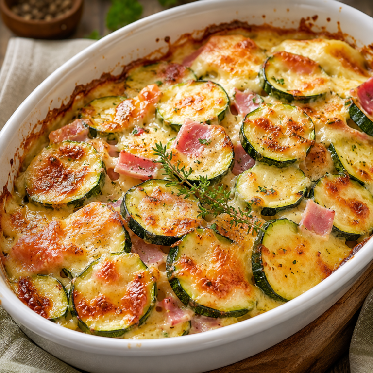 Plat de courgettes au jambon gratinées avec sauce crémeuse et fromage doré sortant du four, servi en portions gourmandes