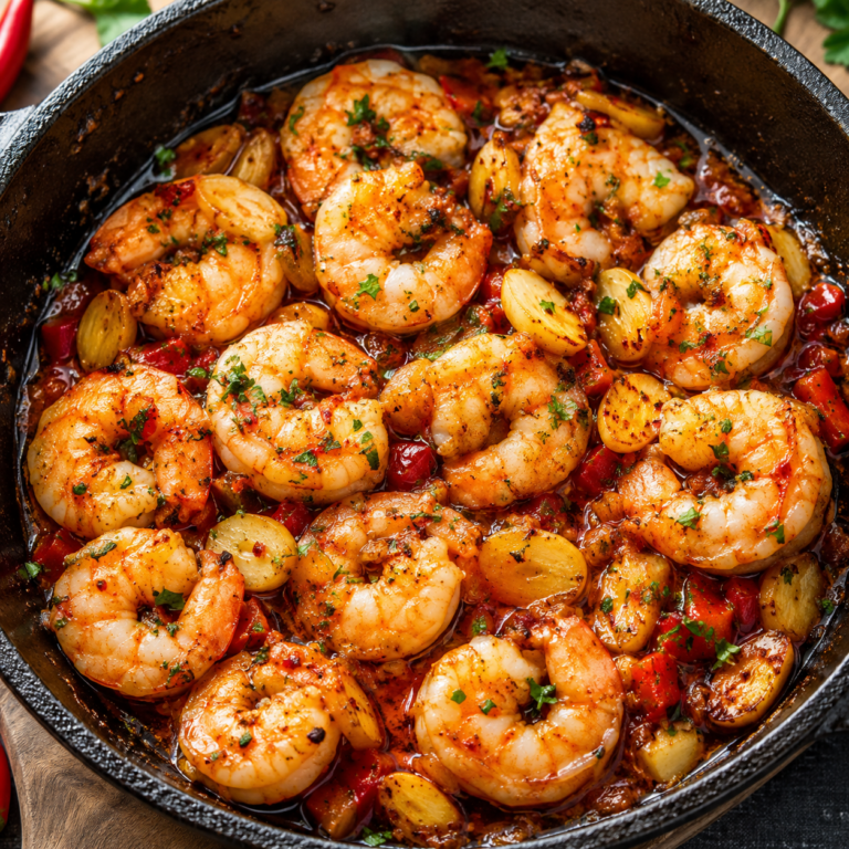 Poêlée de Crevettes à l'Espagnole servie dans une sauteuse avec poivrons colorés, tomates mijotées, paprika fumé, persil frais et quartiers de citron.