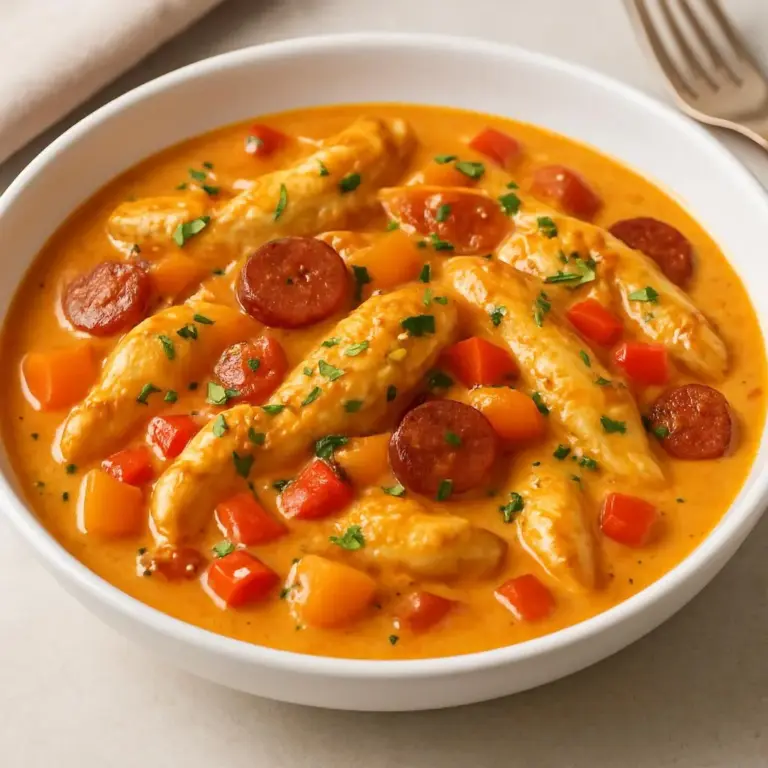 Aiguillettes de poulet à la crème fraîche et au chorizo, sauce crémeuse aux poivrons