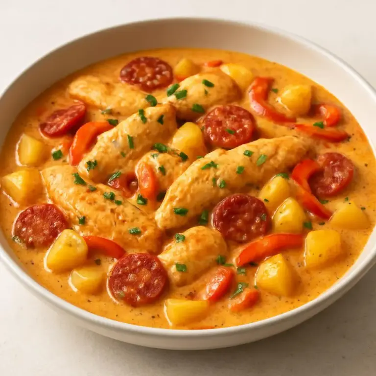 Aiguillettes de Poulet à la Crème Fraîche et au Chorizo, sauce onctueuse légèrement épicée