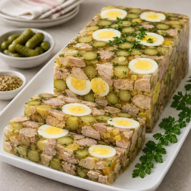 Aspic de porc aux œufs durs et cornichons
