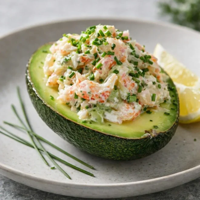 Avocat farci à la salade de crevettes et crabe, citron vert et herbes