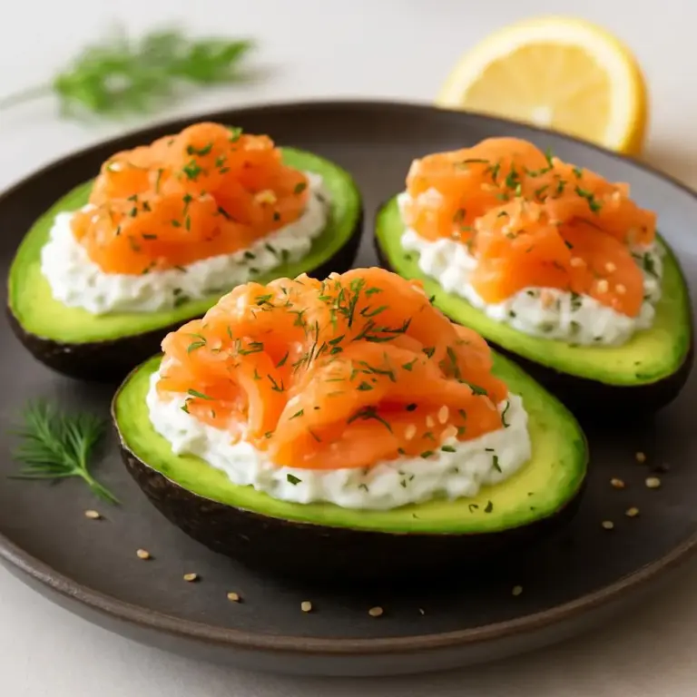 Avocat farci au saumon fumé, crème citronnée à l’aneth et sésame