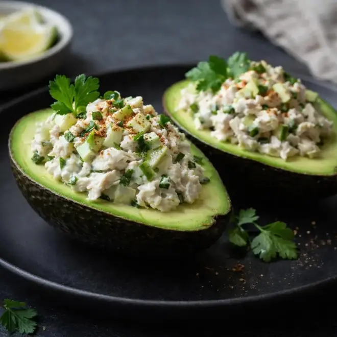 Avocats farcis au poulet effiloché et yaourt citronné