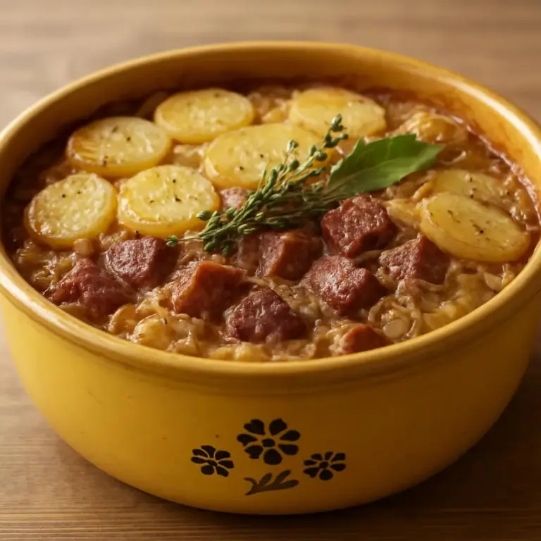 Baeckeoffe traditionnel alsacien au Riesling (viandes marinées, pommes de terre et choucroute)