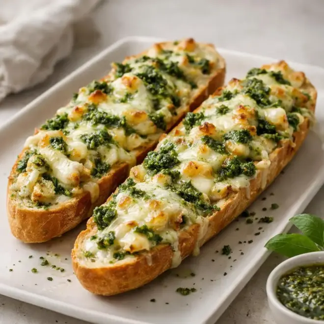 Baguettes gratinées au poulet, mozzarella et pesto