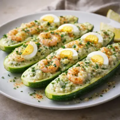 Barquettes de courgette aux crevettes : crémeuses à l’ail