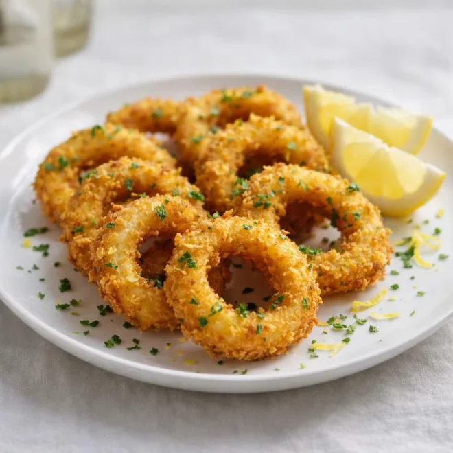 Beignets de calamars à l’ail et au persil, croustillants et citronnés