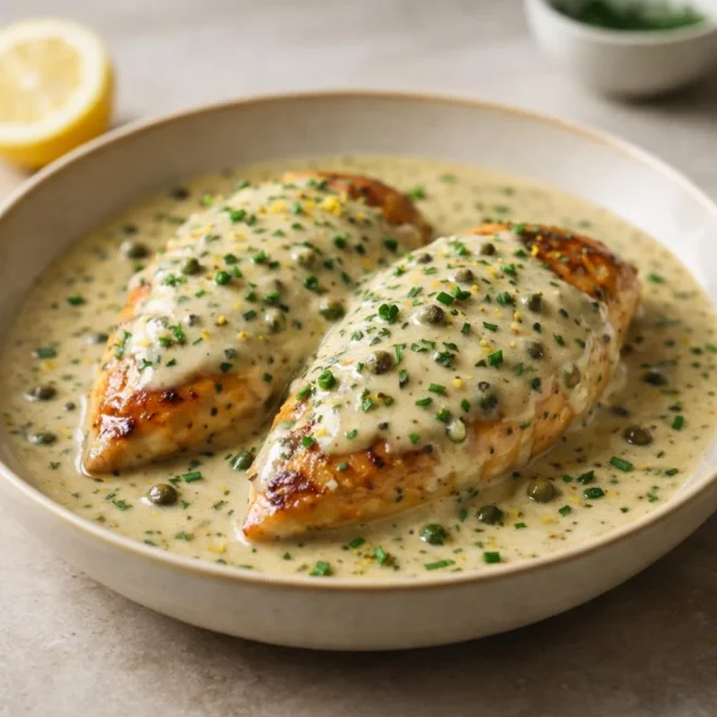Blancs de poulet poêlés au beurre citron-ail et sauce à la crème poivre vert