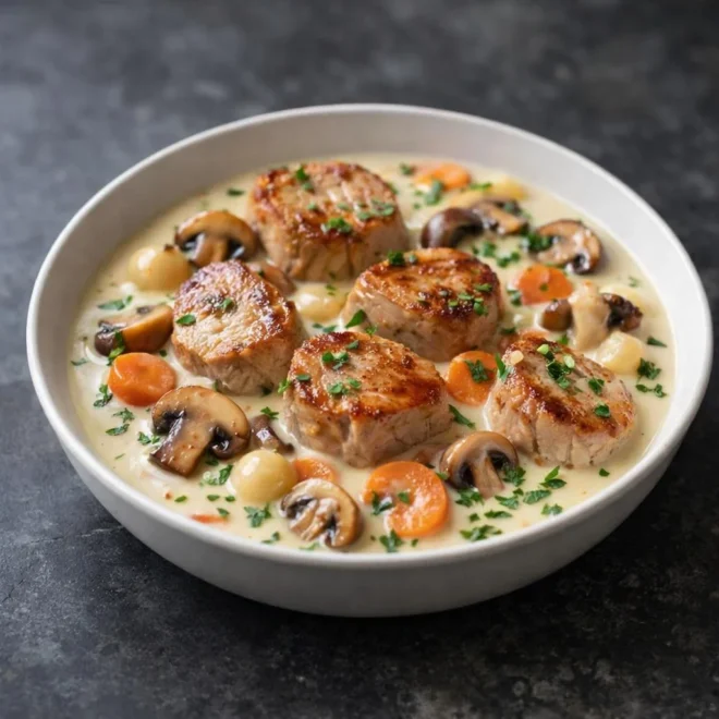 Blanquette de filet mignon de porc aux champignons, sauce crèmeuse