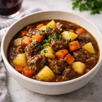 Bœuf mijoté aux carottes et pommes de terre, sauce maison