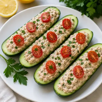 Bouchées d’avocat au thon citronnées sur concombre (type boat bites)