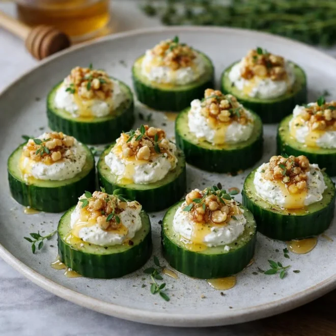 Bouchées de concombre au chèvre frais, miel et noix