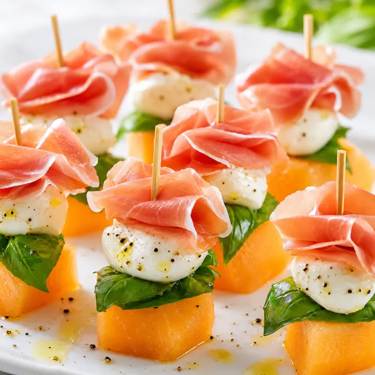 Bouchées Melon & Jambon Cru présentées sur un plateau avec basilic frais et filet de crème de balsamique
